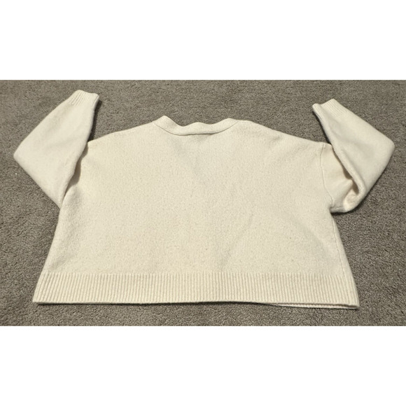 Zara Women L Cardigan Sweater 100% Wool Cropped Knit V-Neck Gold Buttons Ivory - Picture 2 of 12